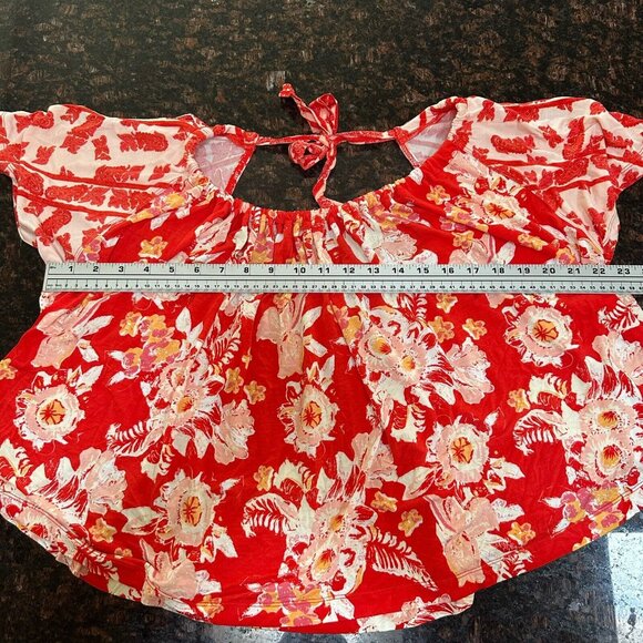 Free People Baja‎ Babe Red Floral Print Tie Back Cold Shoulder Tee Top Jersey XS - Picture 14 of 16